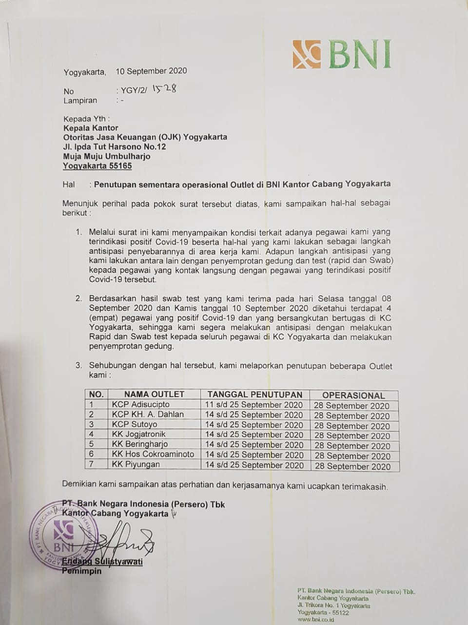 Surat pemberitahuan penutupan BNI Cabang Yogyakarta