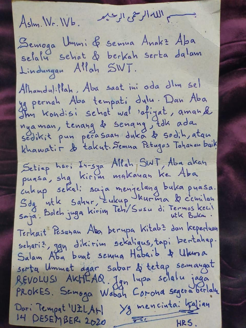 Surat Habib Rizieq kepada anak istrinya 